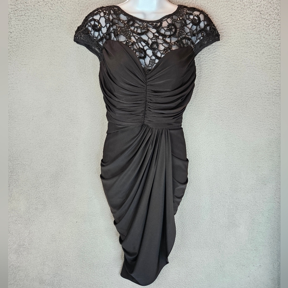 Tadashi Shoji Womens Formal Ruched Jersey Illusion Bodice Sheath Dress Sz M - Picture 2 of 14